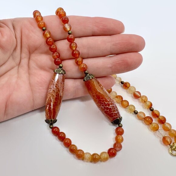 Vintage Necklace, Carnelian, Snakeskin Agate, Vintage, Art Deco, Stones, 1930s - Picture 5 of 7